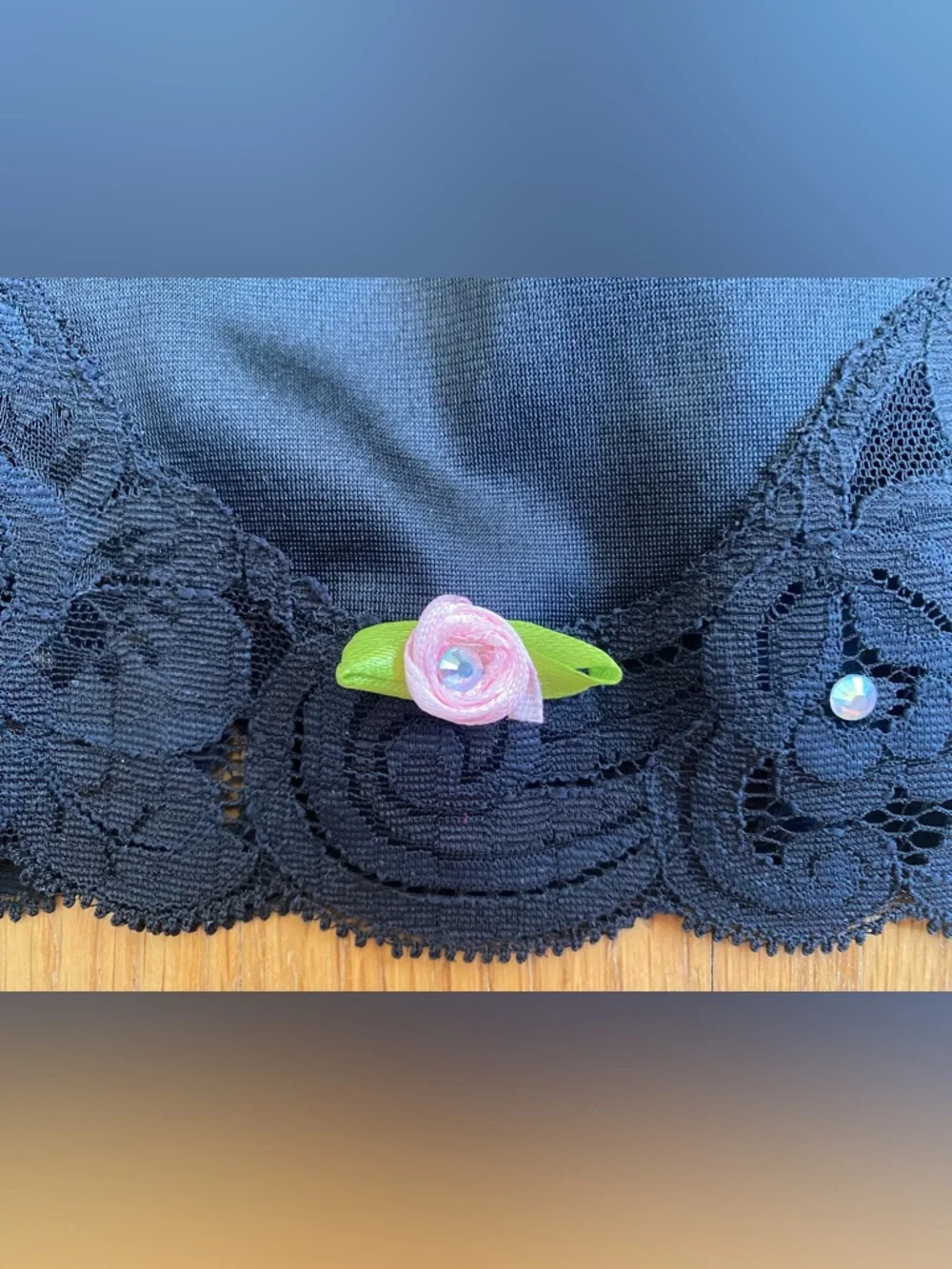 Vintage 60s Embellished Nylon Mini Slip *Medium* BLACK Scalloped Lace Half Slip - Picture 3 of 5
